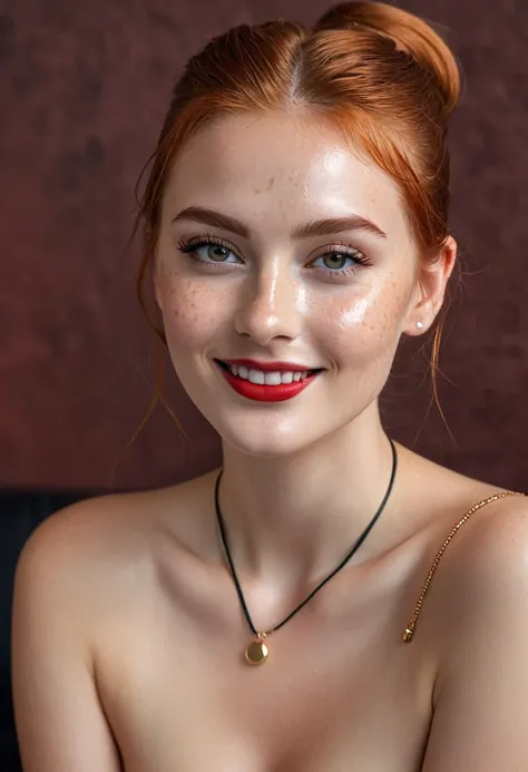 hyperrealistic beautiful busty 20-year-old woman with long legs wearing tiny glossy bikini, model shooting full body photography, natural redhead classic bun, freckles, soaky wet skin, dark eye makeup with eyeliner, seductive smile, red lips, small necklac...