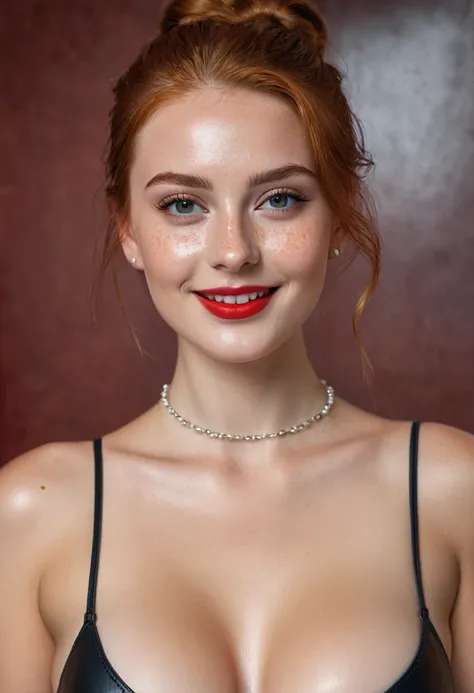 hyperrealistic beautiful busty 20-year-old woman with long legs wearing tiny glossy bikini, model shooting full body photography, natural redhead classic bun, freckles, soaky wet skin, dark eye makeup with eyeliner, seductive smile, red lips, small necklac...