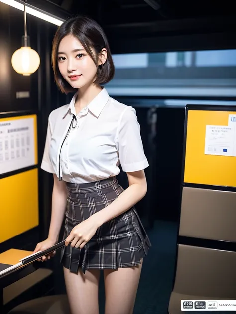 A gorgeous Japanese woman in a Tokyo train at night, wearing a white short-sleeve blouse, plaid tie and skirt, with a youthful smooth complexion, beautiful detailed eyes, detailed lips and long eyelashes, a slender figure, a friendly approachable smile, sh...