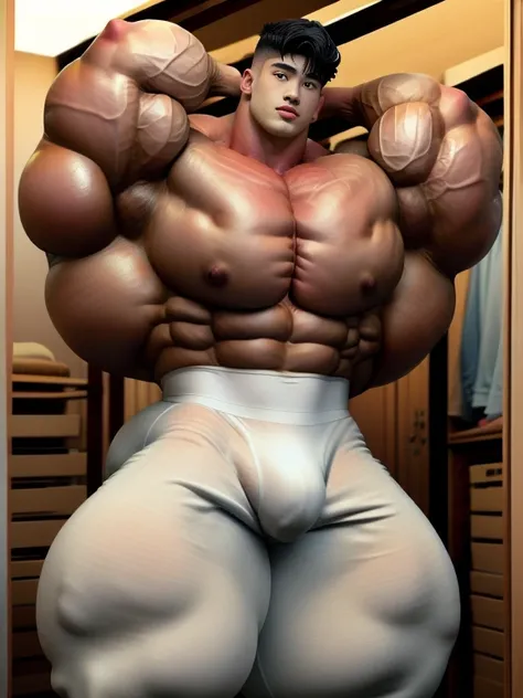 1 asian boy, undercut black haircut, bodybuilder pose, indoor, in the wardrobe room, strong body, bulk, naked, armpit, wear white triangular underwear, bulge, very big, brutalmass, giant, muscular body, bulk, massive body, large meaty body size, brown vein...