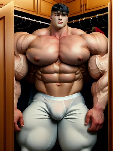 1 asian boy, undercut black haircut, bodybuilder pose, indoor, in the wardrobe room, strong body, bulk, naked, armpit, wear white triangular underwear, bulge, very big, brutalmass, giant, muscular body, bulk, massive body, large meaty body size, brown vein...