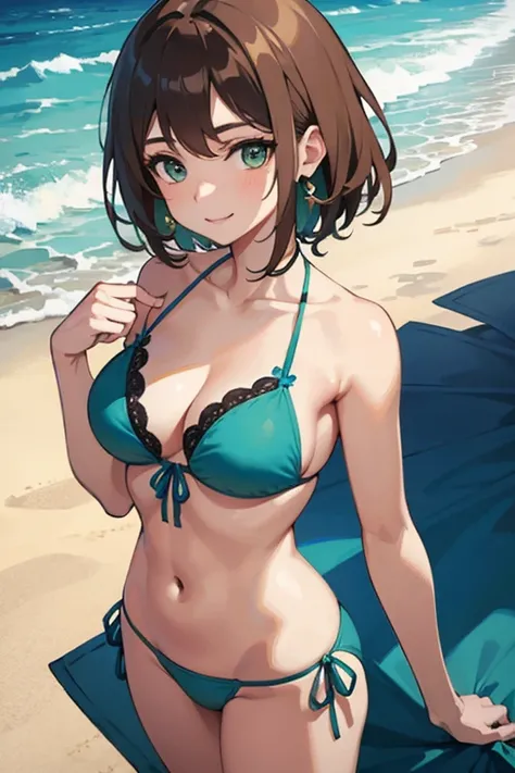 masterpiece, best quality, finely detailed, beautiful, detailed texture, detailed face, a girl, short very light brown hair, green eyes, smiling, medium breasts, blue bikini, blue sandals, standing, on the beach