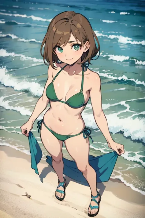 masterpiece, best quality, finely detailed, beautiful, Flat colors, detailed texture, detailed face, a girl, short very light brown hair, green eyes, smiling, medium breasts, blue bikini, blue sandals, standing, on the beach