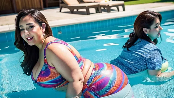 fat ssbbw curvy bottom heavy wide hiped british women, 30 brunette, they are floating in the pool, they are wearing tight low waisted leggings, and short sleeved button up hawaiian shirts, 