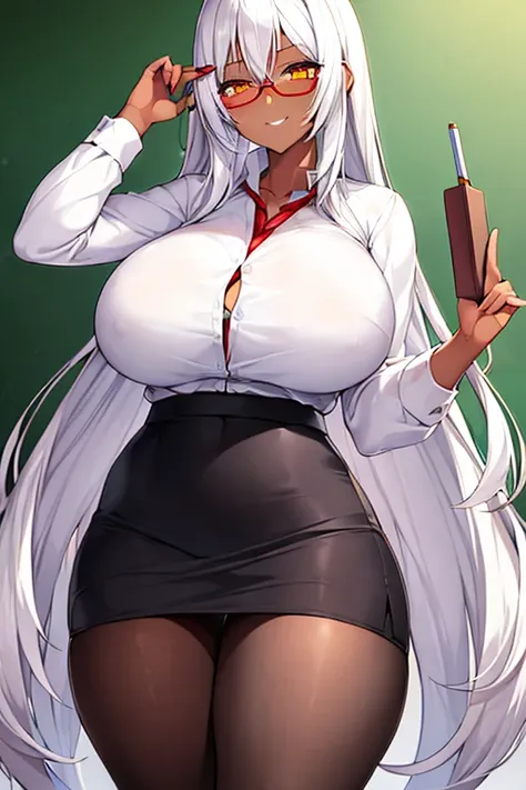 1girl, white hair, long hair, teacher, dark skin, dark-skinned female, white shirt, shirt, glasses, red glasses, yellow eyes, pencil skirt, skirt, mature female, pantyhose, black pantyhose, huge breasts, thick thighs, smile, smirk, smug