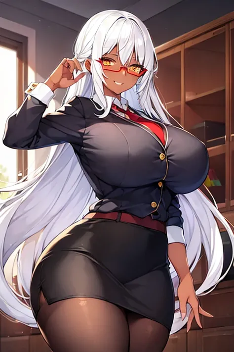 1girl, white hair, long hair, teacher, dark skin, dark-skinned female, white shirt, shirt, glasses, red glasses, yellow eyes, pencil skirt, skirt, mature female, pantyhose, black pantyhose, huge breasts, thick thighs, smile, smirk, smug