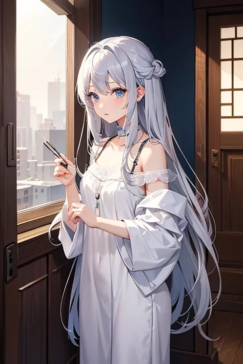 masterpiece, highest quality, High resolution，Follow the prompts、Anime Style、Silver Hair、Long Hair、Nightwear