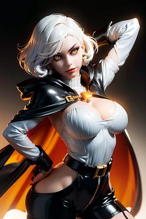  innocent girl with short white hair firm body perfect breasts tender face yellow eyes black lips black and white super heroine jumpsuit belt with pockets cape creating energy spheres 