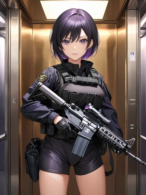 Tomboy mature and smart girls, short black hair, beautiful purple eyes, serious expression, wearing black full gear military cloth, standing in the elevator, bring M4 assault rifle, wearing military black gloves, perfect hand, perfect eyes, perfect hair, d...