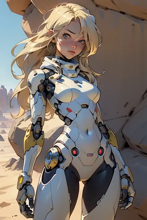 high quality, 4k, masterpiece, beautiful, cyborg girl, cowboy shot, dull eyes, looking at viewer, long blonde hair, girl, small ...