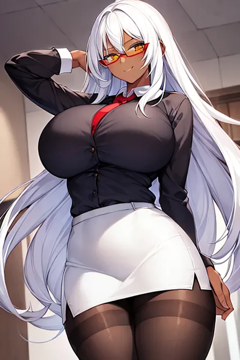 1girl, white hair, long hair, teacher, dark skin, dark-skinned female, white shirt, shirt, glasses, red glasses, yellow eyes, pencil skirt, skirt, mature female, pantyhose, black pantyhose, huge breasts, thick thighs, smile, smirk, smug