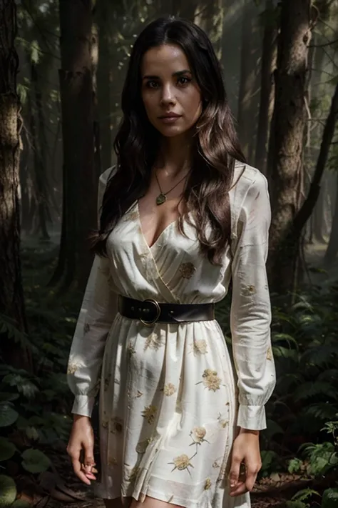 Torrey DeVitto, Meredith Fell, Teen Wolf, 20s, long messy black hair, brown eyes, long white dress, black and light gold belt, silver heart pendant, white rose flower print Forest background with fog around in color black.