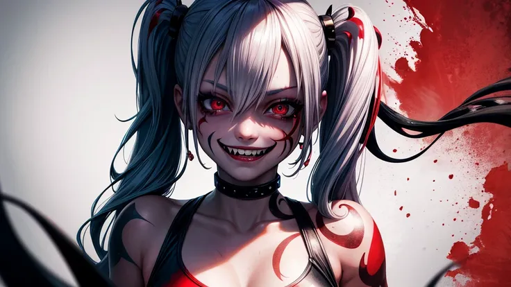 tattoo girl, very beautiful, murderous, Harley Quinn, crazed look, dark background, 8K, dynamic wallpaper, very delicate, very dense, creepy smile, close up to camera, dripping red one piece swimsuit, red beach background, 