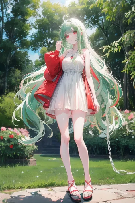 masterpiece, (key anime visual), (((HDR))), (best quality), (hi-res), ((1 anime girl)) (((red eyes and white skin))), ((young adult)), (((light green hair))), (bangs left-part), (((side bangs wavy))) (long side bangs), (((long straight hair that goes to he...