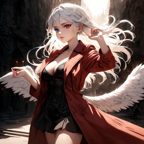 A beautiful detailed white-haired fox woman wearing a red trenchcoat, black bustier, and black skirt, and angel wings, hyper-realistic, 8k, cinematic lighting, dramatic atmosphere, rich colors, intricate details, masterpiece, has heterochromia