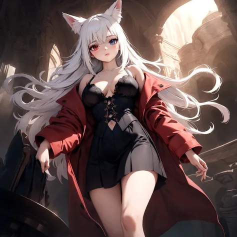 A beautiful detailed white-haired fox woman wearing a red trenchcoat, black bustier, and black skirt, and angel wings, hyper-realistic, 8k, cinematic lighting, dramatic atmosphere, rich colors, intricate details, masterpiece, has heterochromia