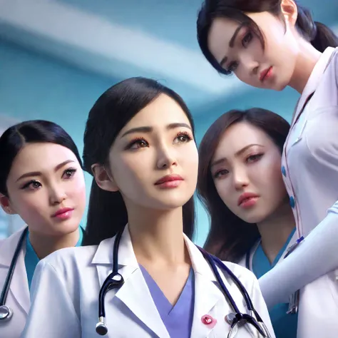 a group of beautiful detailed young malaysian nurses in sexy nurse uniforms, worried expression, gathering around patient, [extremely detailed], (best quality,4k,8k,highres,masterpiece:1.2),ultra-detailed,(realistic,photorealistic,photo-realistic:1.37),HDR...