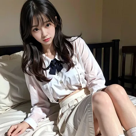 a beautiful detailed 18 year old japanese woman with dark brown eyes,fine detailed face and eyes,feeling a little shy but optimistic,medium to large round breasts,wearing a white translucent blouse,navy blue skirt,silk white ankle socks,lying down on a bed...