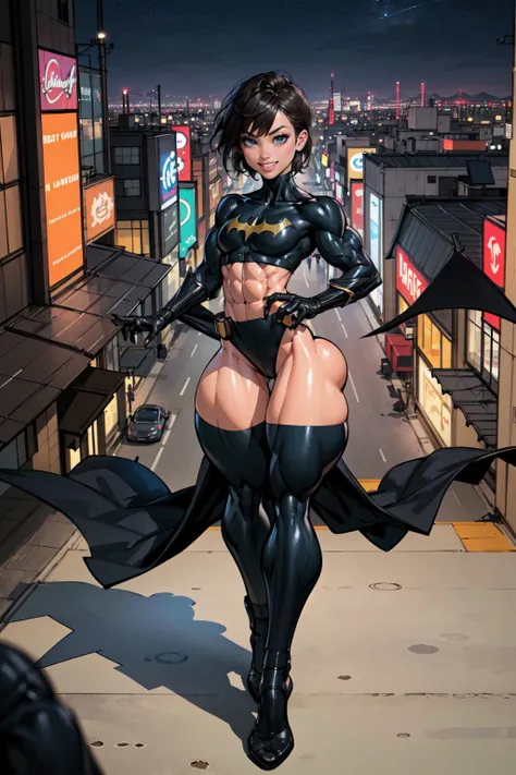 (masterpiece, best quality),1girl, solo, cassandra cain, batgirl suit, black hair, brown eyes, smile,
akihabara city, of the dead,  night,  from above, STANDING rooftop, neon sign, game center,(masterpiece:1.2), (best quality:1.2), perfect eyes, perfect fa...