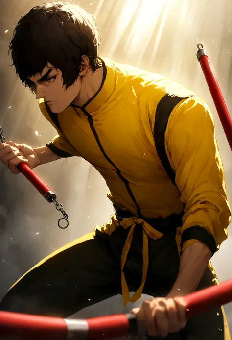 Bruce Lee, yellow coat, and nunchaku