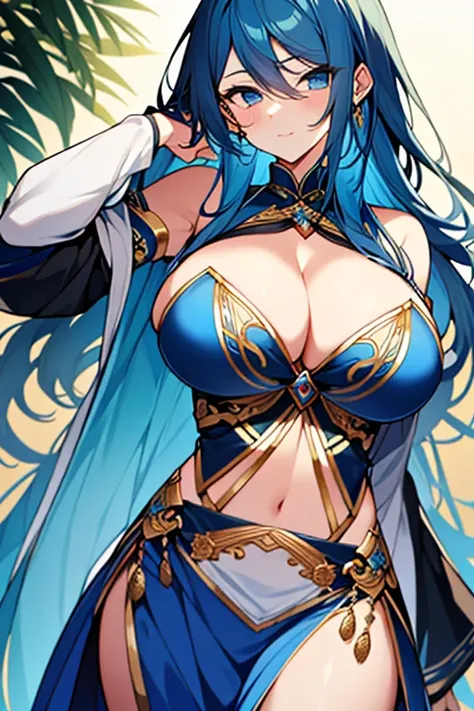 Busty girl with blue hair and exotic clothes