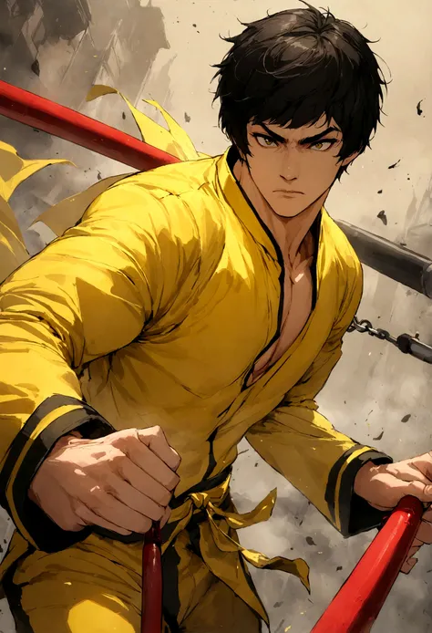 Bruce Lee, yellow coat, and nunchaku
