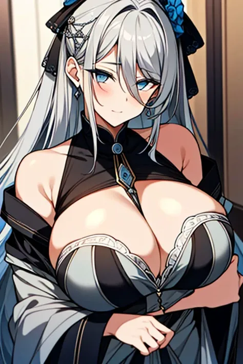 Busty girl with gray hair and exotic clothes