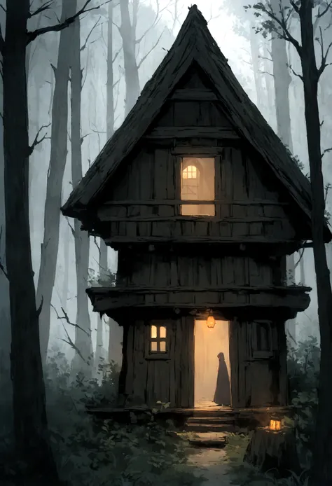 Alone in a cabin house in the middle of the forest, haunted, scary, lonely, stalker in the forest, misty, hidden away, tree house,