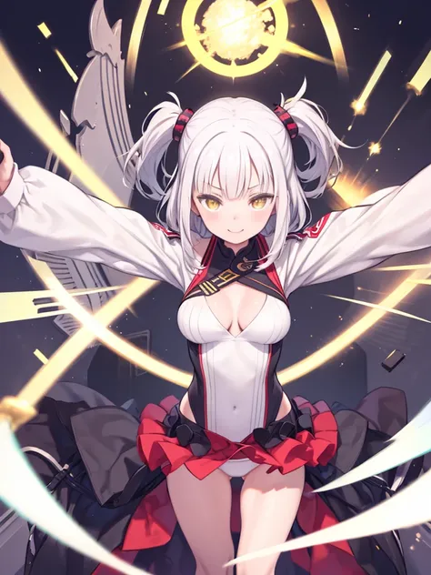 One person girl，White Hair，Dual Horsetail，Yellow Eyes，With a smile，Make your face bright red，JK Uniform（The top is open，You can see her cleavage in the middle of her shirt.，Didnt wear underwear，Crispy breasts），Browsing Caution，White panties，（Vaginal thrust...