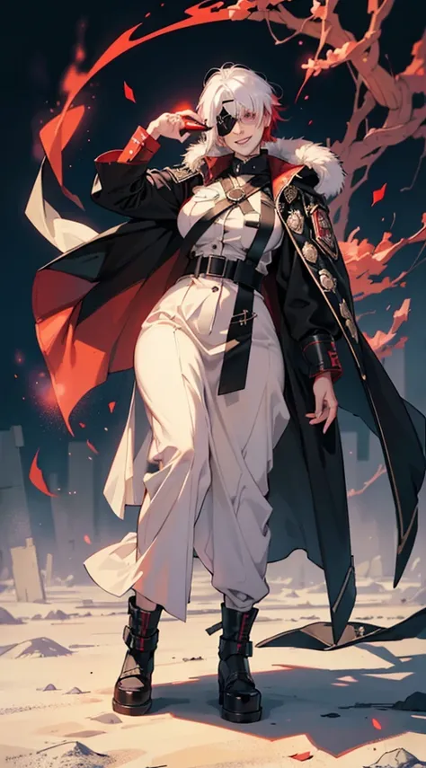 (1 beautiful woman)、(abnormally large breasts)、(Military uniform with red cyberpunk hood all over the body:0.6)、(Red aura emanating from clothes:1.5)、(Military equipment:1.2)、(White hair)、(an eye patch:1.3)、(30-years old)、(confident grin:1.2)、(Dark hair)、(...