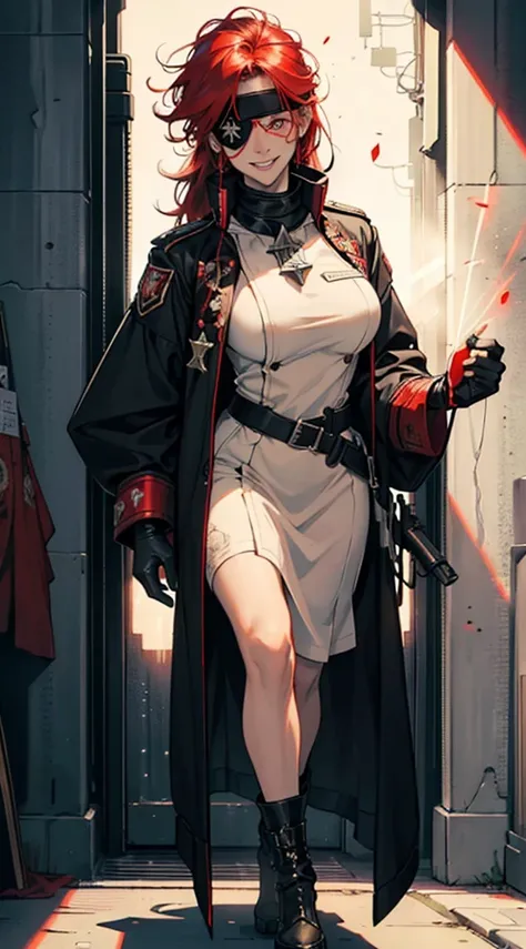 (1 beautiful woman)、(abnormally large breasts)、(Military uniform with red cyberpunk hood all over the body:0.6)、(Red aura emanating from clothes:1.5)、(Military equipment:1.2)、(White hair)、(an eye patch:1.3)、(30-years old)、(confident grin:1.2)、(Dark hair)、(...