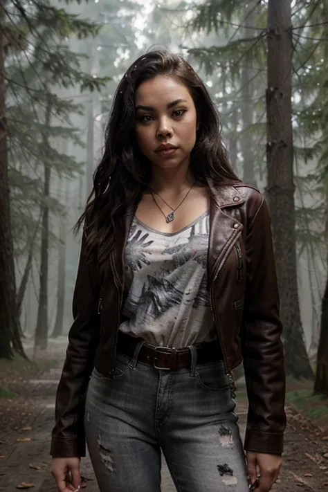 Janel Parrish, Mona Vanderwaal, Teen Wolf, 18 years old, short messy brown black hair, brown eyes, red blouse, black jeans, brown leather jacket, black belt, silver eye pendant, white claw print Forest in the background with fog around in black.