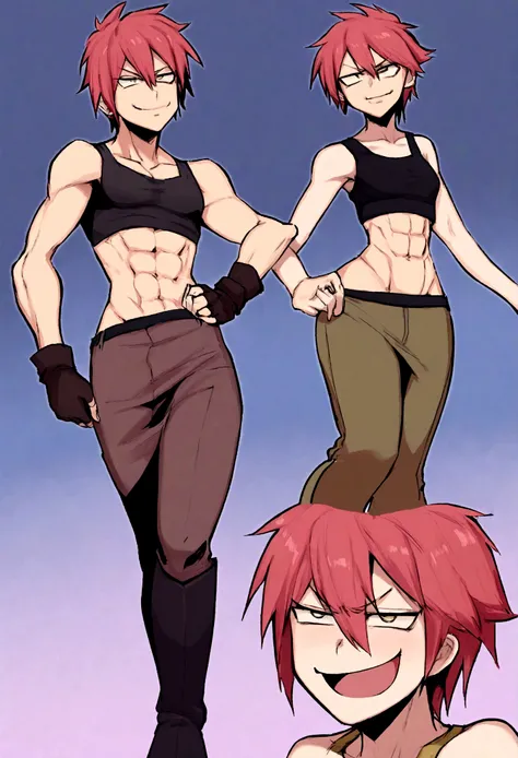 young Adult, midriff, toned arms, smug, abs, fingerless gloves, skirt, , riding boots, superhuman, smug, rhyme, long red hair