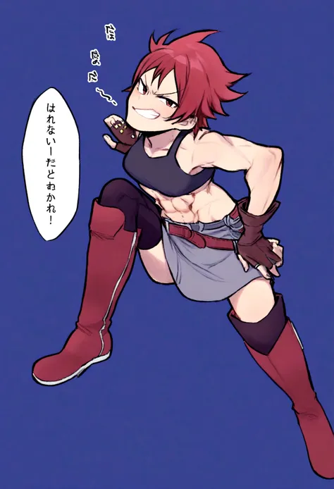 young Adult, midriff, toned arms, smug, abs, fingerless gloves, skirt, , riding boots, superhuman, smug, rhyme, long red hair