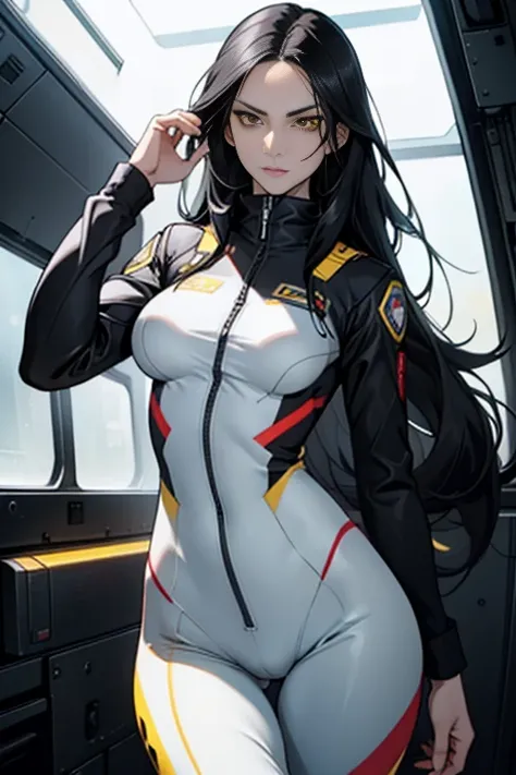 1 girl, black hair, yellow eyes, very long hair, pale skin, fit body, slender body, slim waist, large breasts, (confident expression), pilot suit, thigh gap