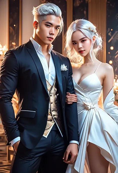 there are two people dressed in formal clothing posing for a picture, wlop and sakimichan, artwork in the style of guweiz, wlop and ross tran, wlop and andrei riabovitchev, neoartcore and charlie bowater, loish and wlop, knight and princess, loish and ross...