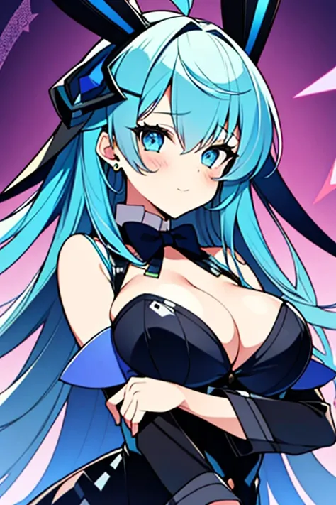 Busty rabbit girl with blue hair and wearing exotic clothing