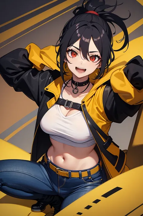 POV female mechanic tomboy sitting on top, back view, looking back, long curly black hair, ponytail, open mouth, wearing goggles, long bang covering one eye, naughty red eyes, smiling, medium breasts, wearing a yellow jacket and slim jeans, choker, earring...