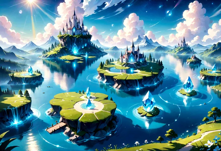 a beautiful whimsical sleepy blue and white dreamland mashup, fantasy landscape, tranquil lake, lush green meadow, floating islands, magical floating crystals, soft glowing lights, dreamy atmosphere, serene, ethereal, intricate details, highly detailed, 8k...