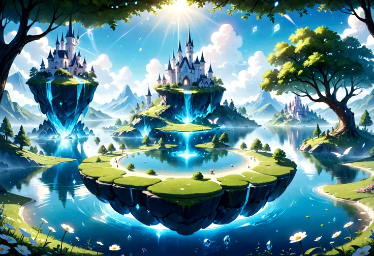 a beautiful whimsical sleepy blue and white dreamland mashup, fantasy landscape, tranquil lake, lush green meadow, floating islands, magical floating crystals, soft glowing lights, dreamy atmosphere, serene, ethereal, intricate details, highly detailed, 8k...