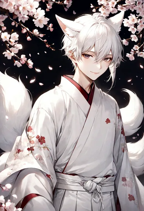 ((top-quality)), ((​masterpiece)), ((ultra-detailliert)), (extremely delicate and beautiful), teenage boy, white hair, white fox ears, white kimono, long pants, white fox tails, gentle smile, cherry blossoms in the background