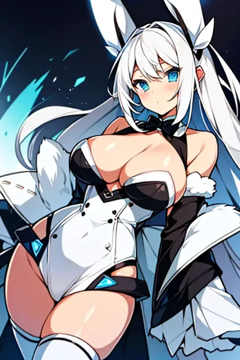 Busty rabbit girl with white hair and wearing exotic clothing