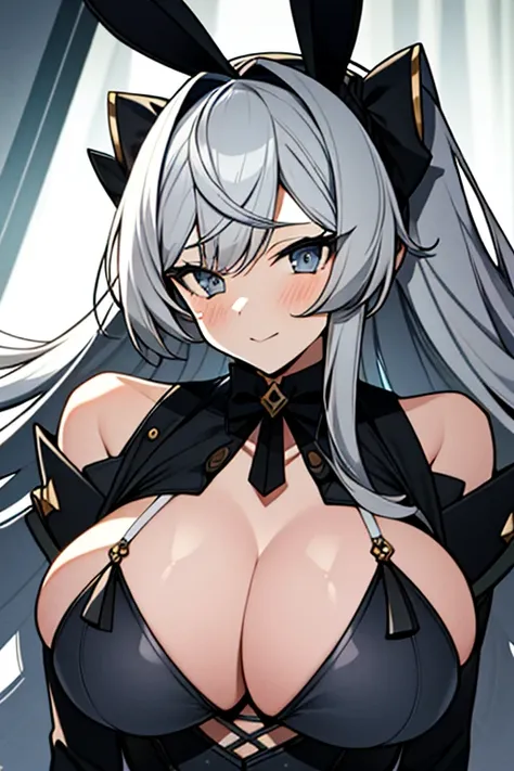 Busty rabbit girl with gray hair and wearing exotic clothing