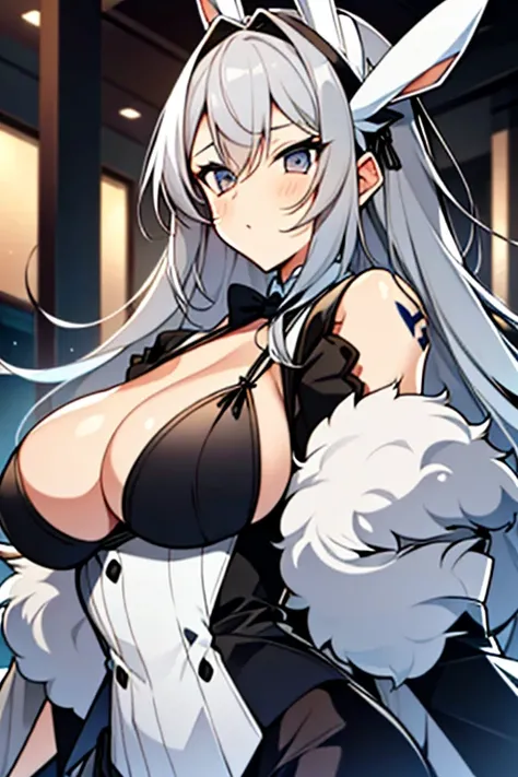 Busty rabbit girl with gray hair and wearing exotic clothing