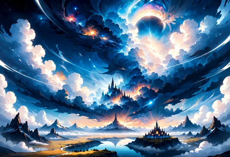 a white and blue based dream landscape within a cloud galaxy