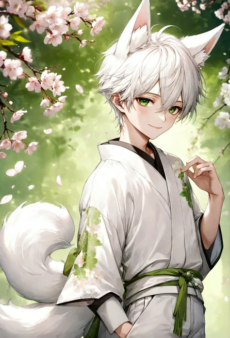 ((top-quality)), ((​masterpiece)), ((ultra-detailliert)), (extremely delicate and beautiful), teenage boy, white hair, white fox ears, spring green eyes, white kimono, long pants, white fox tails, gentle smile, cherry blossoms in the background