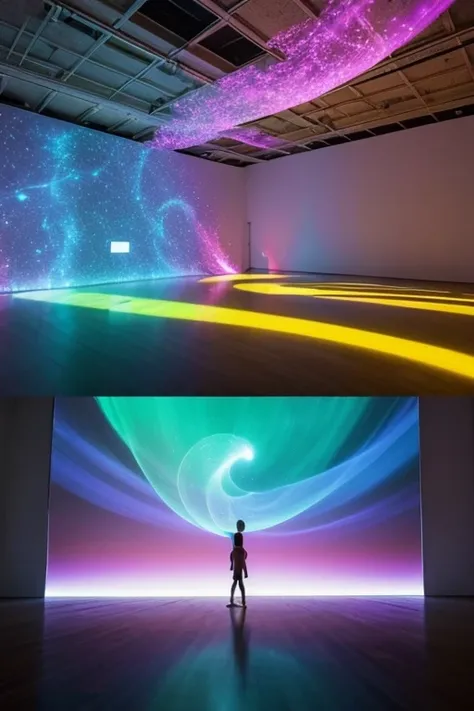 Create an interactive floor projection across the walls of a 30m2 room. The projected image is、It looks like a wind trail made of color particles moving organically.。, Projection reference: TeamLab. The room is 30 square meters and L-shaped.. The content o...