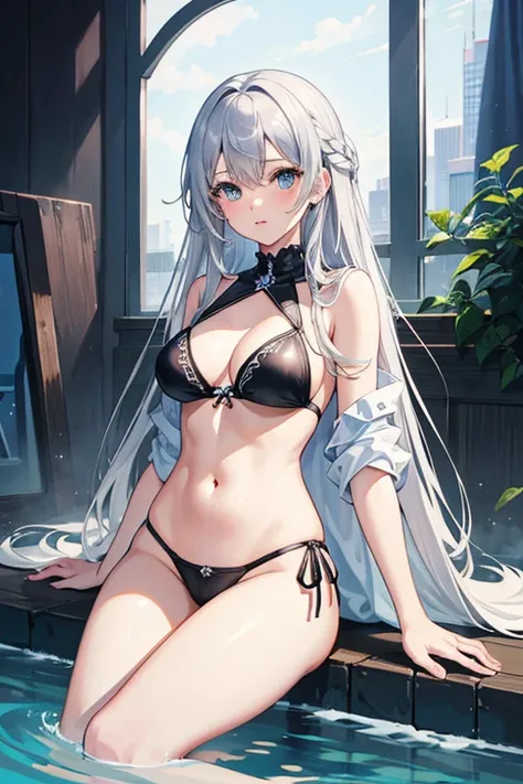 masterpiece, highest quality, High resolution，Follow the prompts、Anime Style、Silver Hair、Long Hair、bikini、White cover up