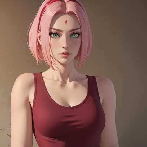 young woman, short shoulder-length pink hair, wide forehead, porcelain skin, pink eyebrows, big emerald green eyes, buttoned nose, full lips, heart-shaped face, slender body, small breasts, red tank top, Sakura Haruno , realistic, realism, details, 3d, wel...