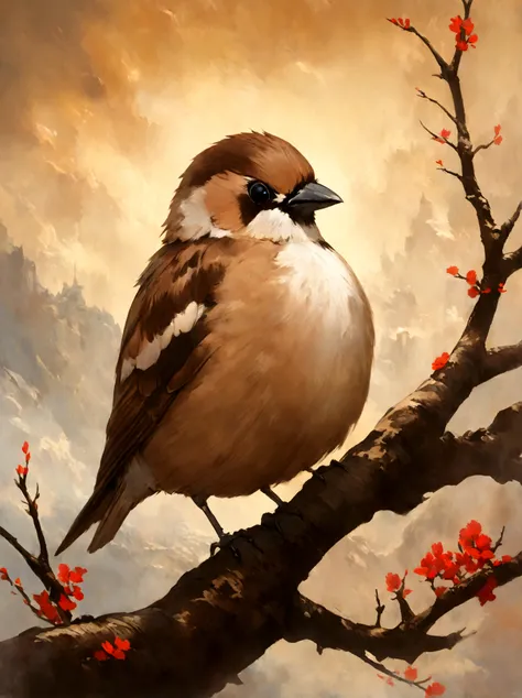 painting of a bird with a pink breast sitting on a branch, a pastel by David Park, Artstation, fine art, painted in acrylic, oil painted, oil painting!!!, acrylic, “ painting, acrylic painting, oil on board, covered in oil painting, beautiful!!!!!!!!!, acr...